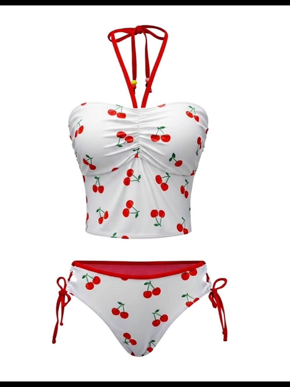 * Zaful Red Cherry Strappy Bikini Tankini Two Piece Halter Top